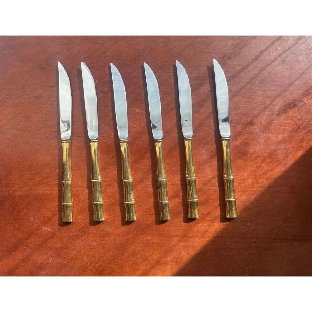 Towle Golden Bamboo Electroplated Steak Knives Set of 6 Stainless 8 1/2”